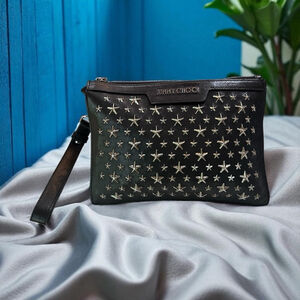 Jimmy Choo Black Leather Star Studded Clutch/Wristlet w/ Silver Accents